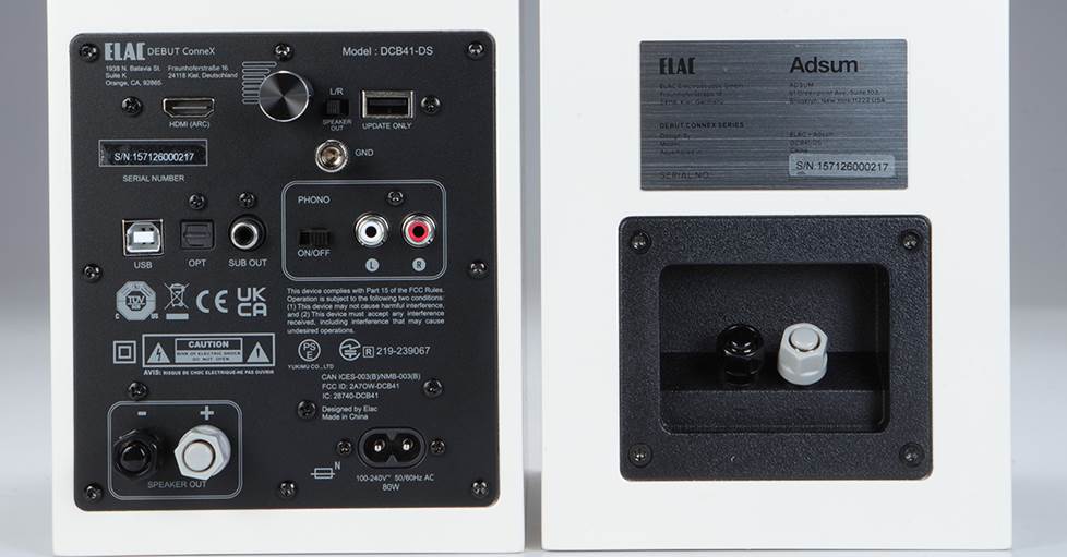 Back panel connections on powered speakers with a phono input