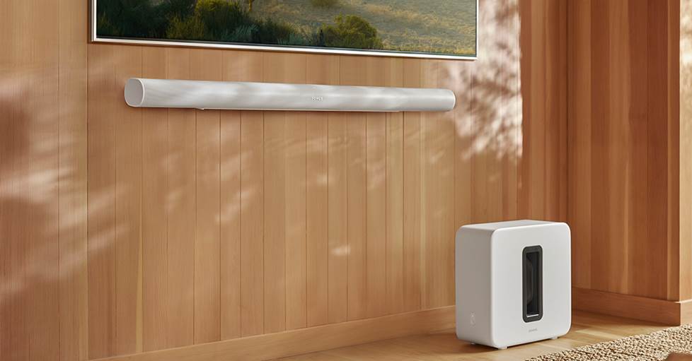 The Sonos Arc Ultra sound bar shown with the Sub 4 wireless subwoofer