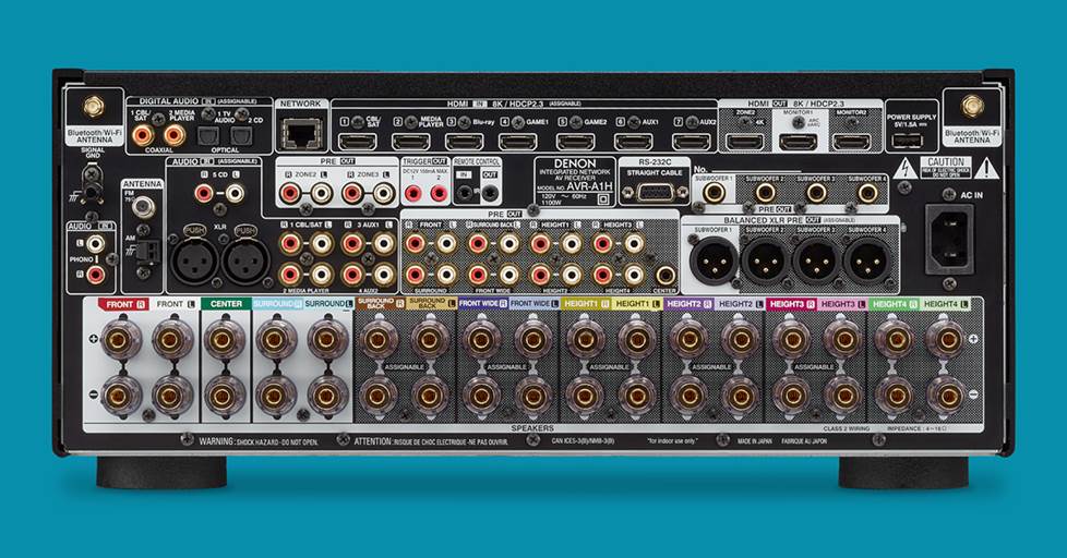 Back-panel connections on the Denon AVR-A1H 15-channel home theater receiver
