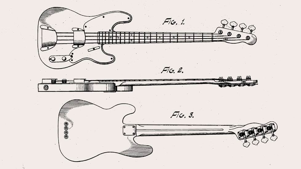 US patent drawig s of a bass guitar from 1951