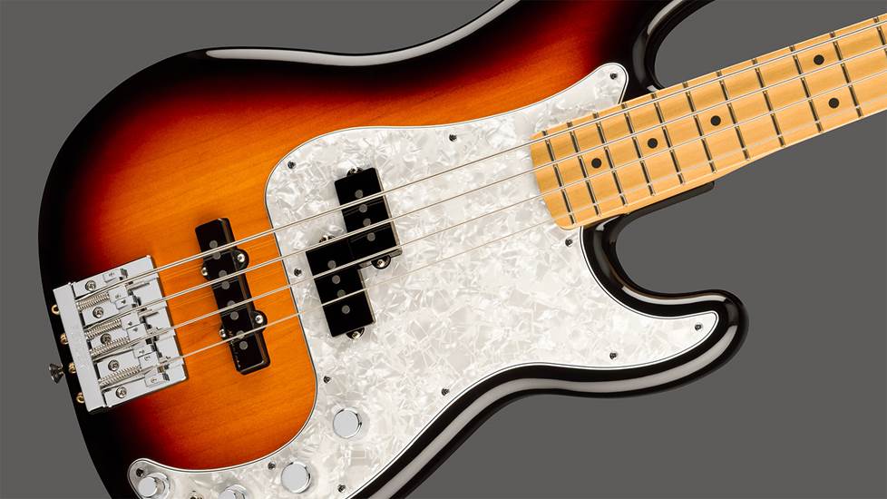 Close up of bass guitar body and pickups
