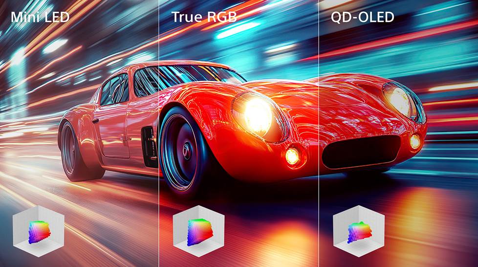 illustration of racecar showing differences between TV panel types