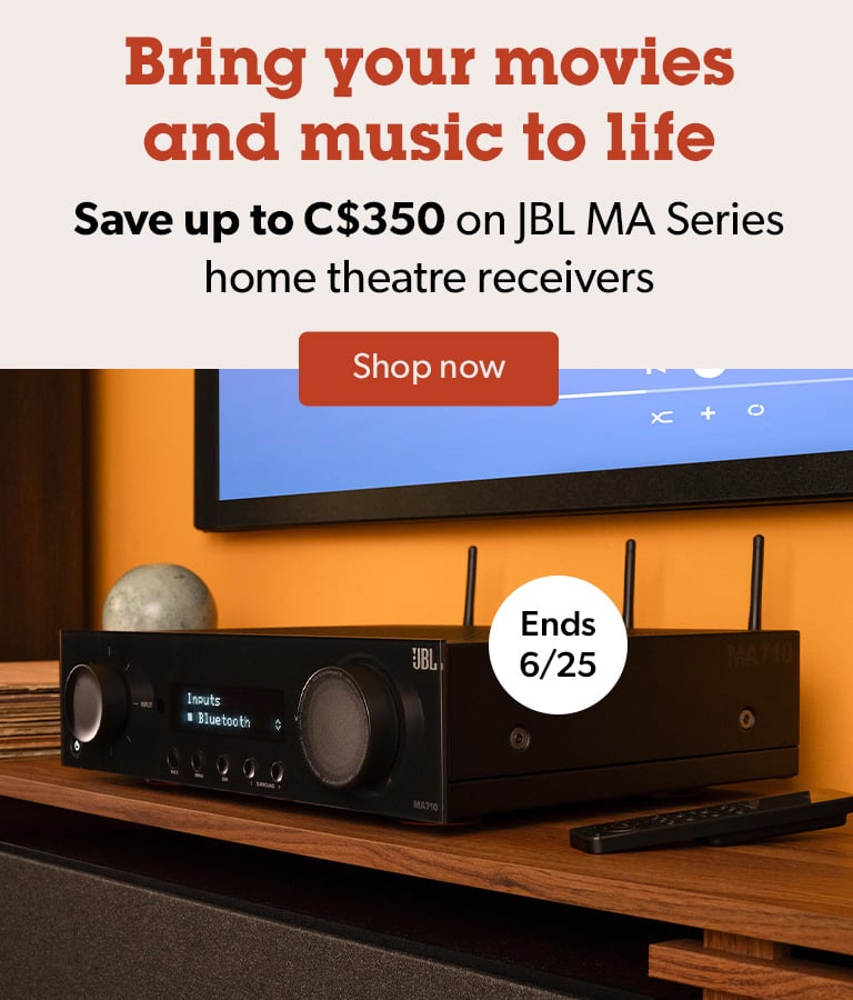 Bring your movies and music to life. Save up to C$350 on JBL MA Series home theatre receivers &mdash; Ends 6/25. Shop Now.