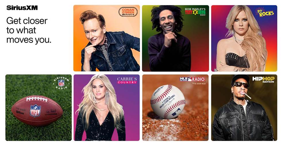 SiriusXM featured channels with Conan O'Brien, Bob Marley, Carrie Underwood, NFL, MLB, Pop Rocks, and Hip-Hop Nation