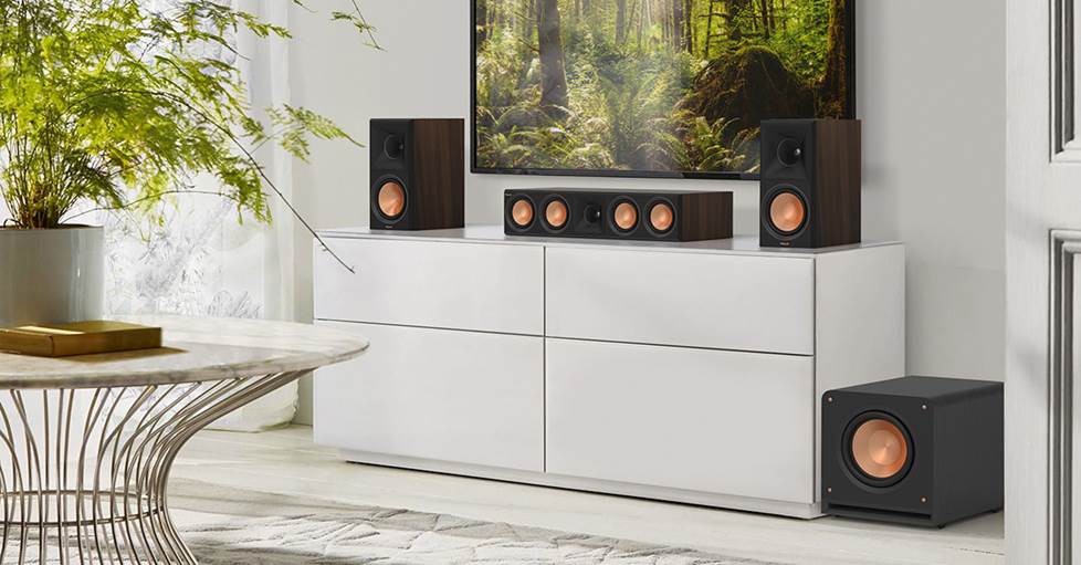 A home theater system with Klipsch Reference Premiere speakers and subwoofer
