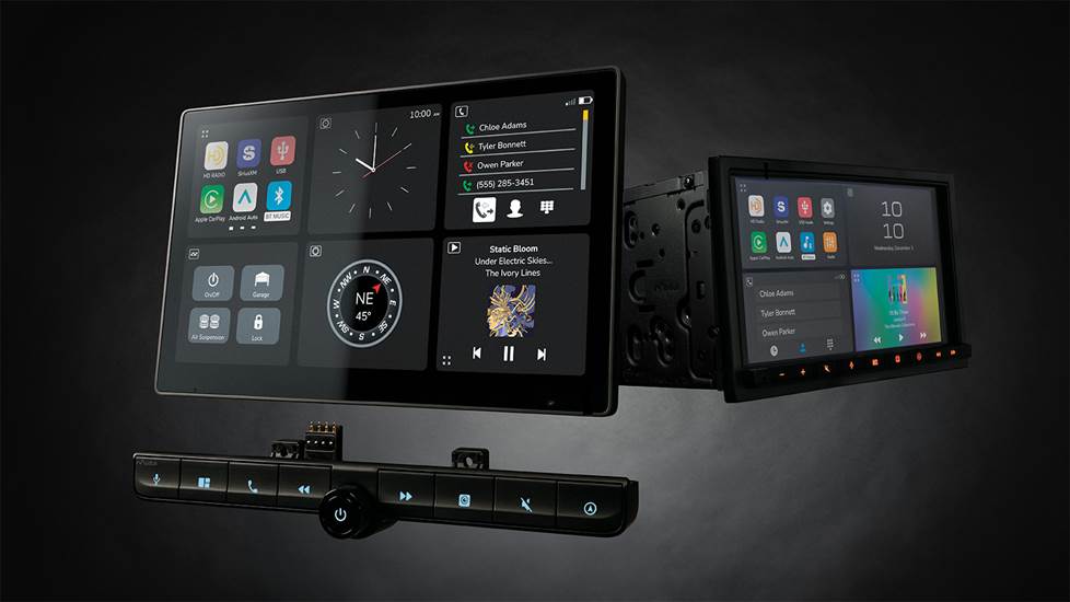 two car stereos floating on a darkl background