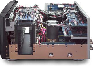 A peek at the innovative cooling tunnel on the Marantz MM 8077 7-channel power amp