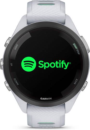 Garmin Forerunner 265 with a Spotify app screen