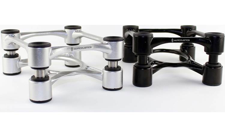 IsoAcoustics Aperta Speaker Stands Shown in Aluminum and Black finishes
