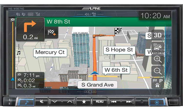 Alpine INE-W967HD 3D graphics in select areas highlight the INE-W967HD's navigation features.
