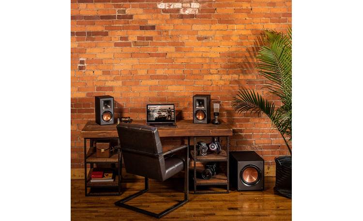 Klipsch Reference R-120SW Shown as part of a desktop audio system