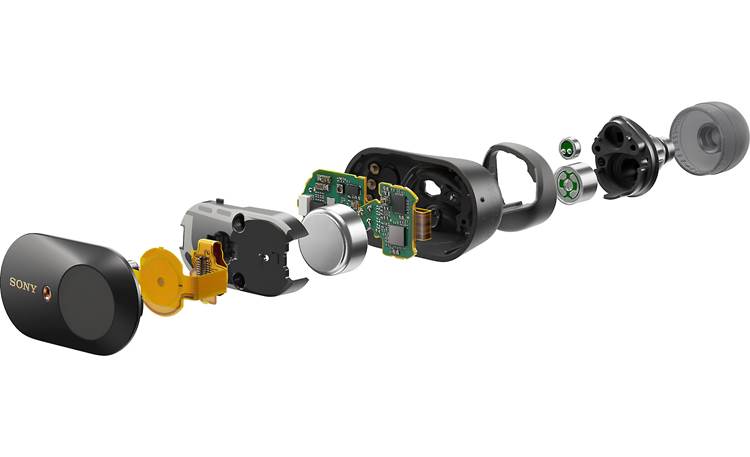 Sony WF-1000XM3 Exploded view shows the sophisticated audio, wireless, and noise-cancellation circuitry in each earbud