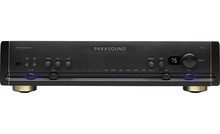 Parasound Halo P 6 Front panel includes 3.5mm headphone output and aux input