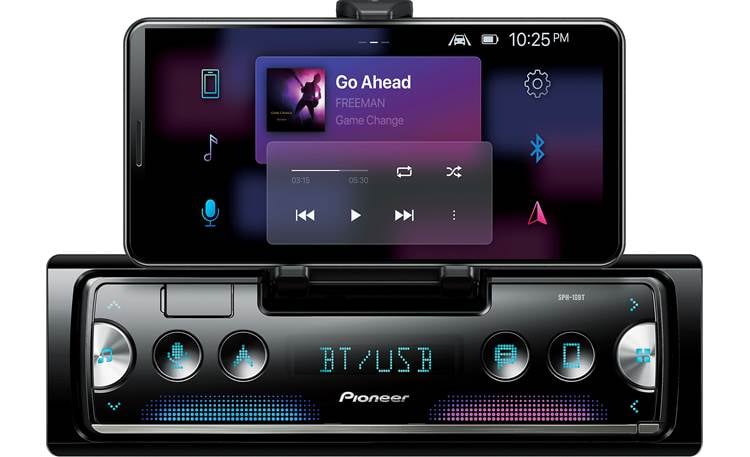 Pioneer SPH-10BT This radio's built-in cradle holds your phone (not included) so you can use it as a touchscreen display.