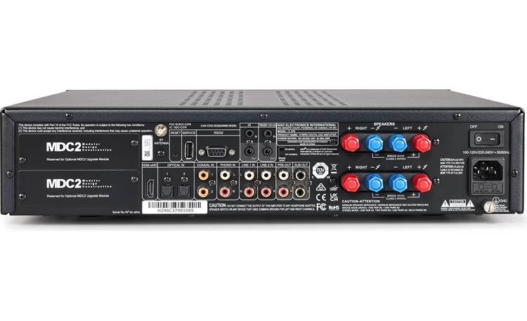 NAD C 379 Digital and analog inputs (including HDMI eARC), dual MDC2 expansion slots, and binding posts for two pairs of speakers